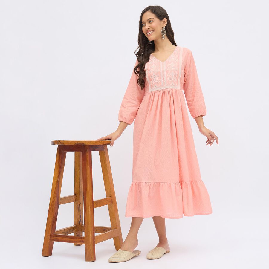 Women's Peach Cotton V-Neck Embroidered Kurta, Pink, large image number null