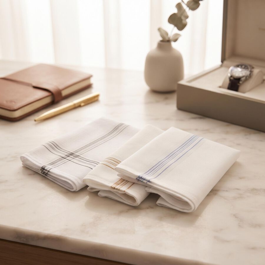 Men's White Striped Pack of 3 Handkerchief, White, large