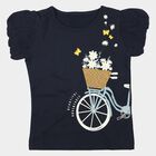 Girls Navy Blue Cotton Round Neck Casual Printed T-Shirt, Navy Blue, small