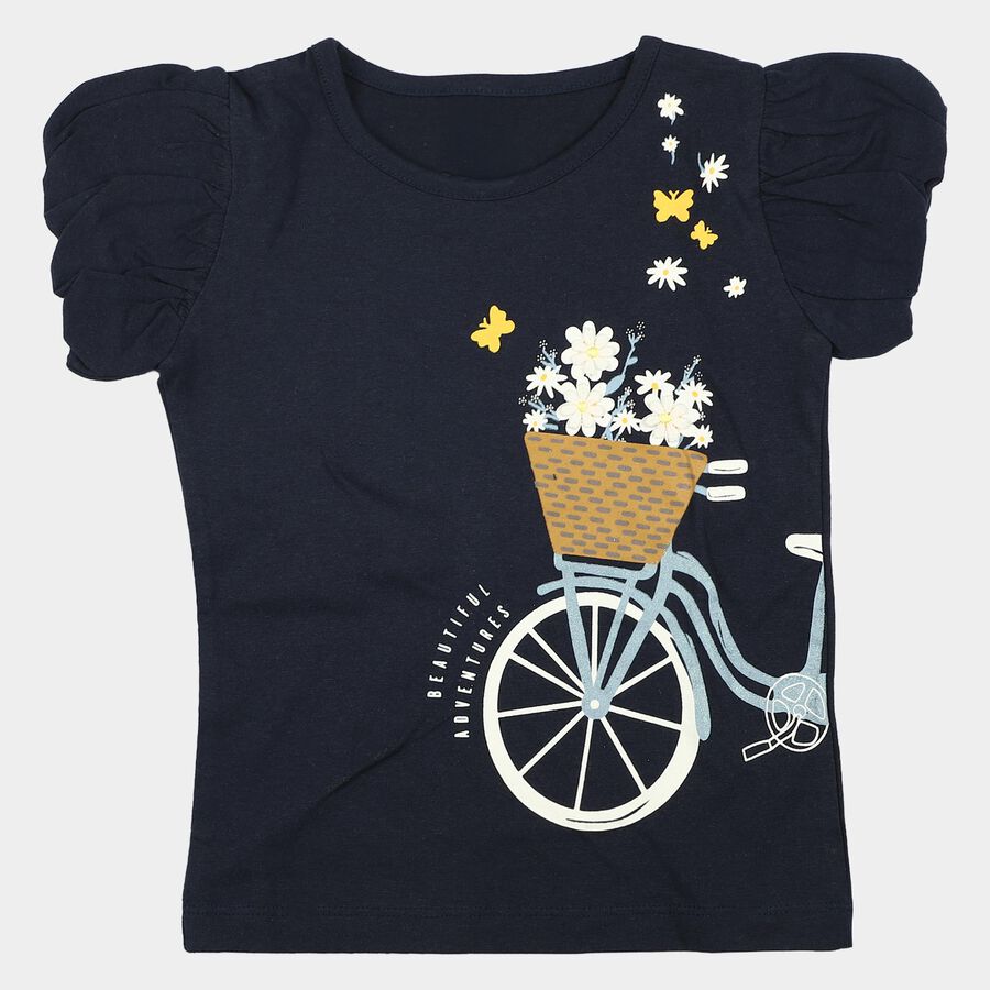 Girls Navy Blue Cotton Round Neck Casual Printed T-Shirt, Navy Blue, large