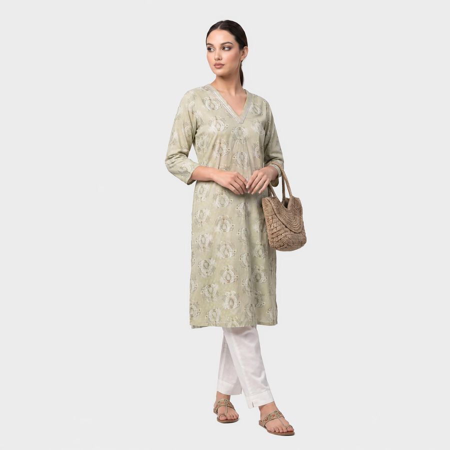 Women's Sage Green V-Neck Printed Kurta, हल्का हरा, large