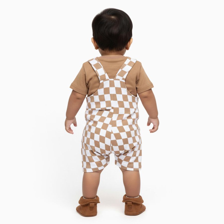 Infants' Beige Cotton Round Neck Checkered Baba Suit, Beige, large
