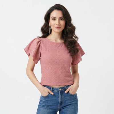 Women's Pink Round Neck Regular Top