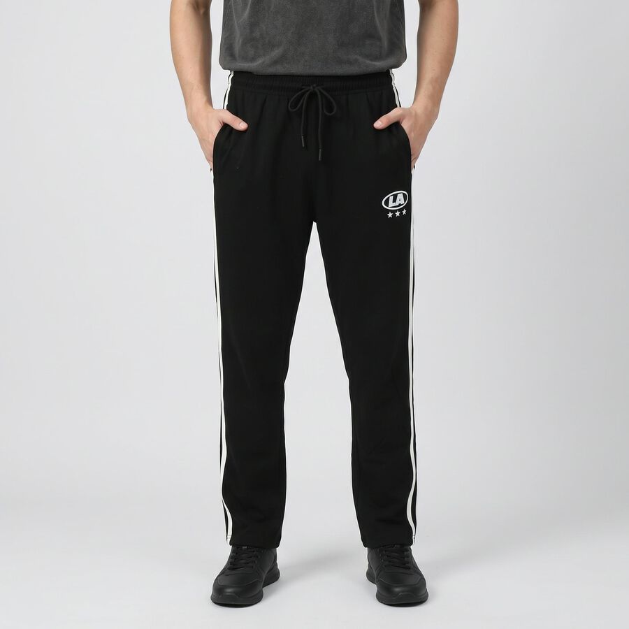Men's Black Regular Fit Side-Striped Track Pants, Black, large