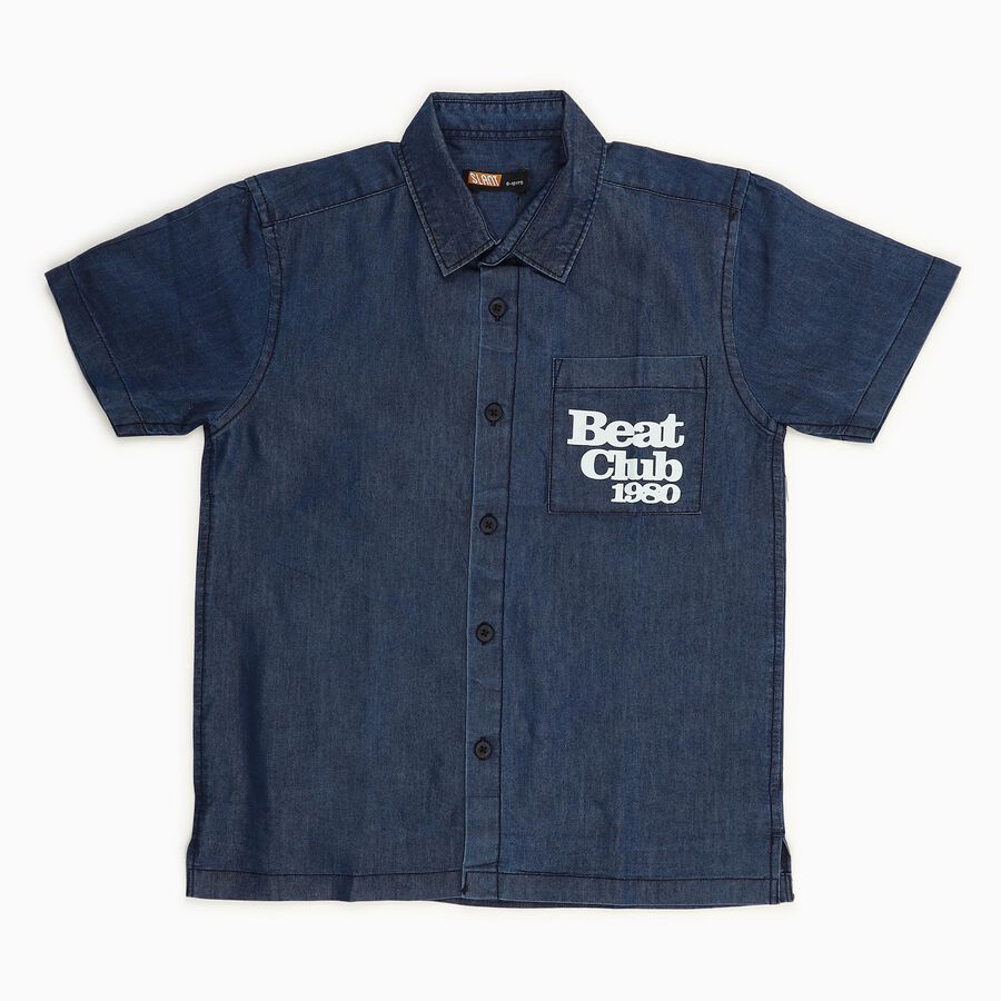 Boys Dark Denim Blue Half Sleeve Classic Casual Shirt, Mid Blue, large image number null