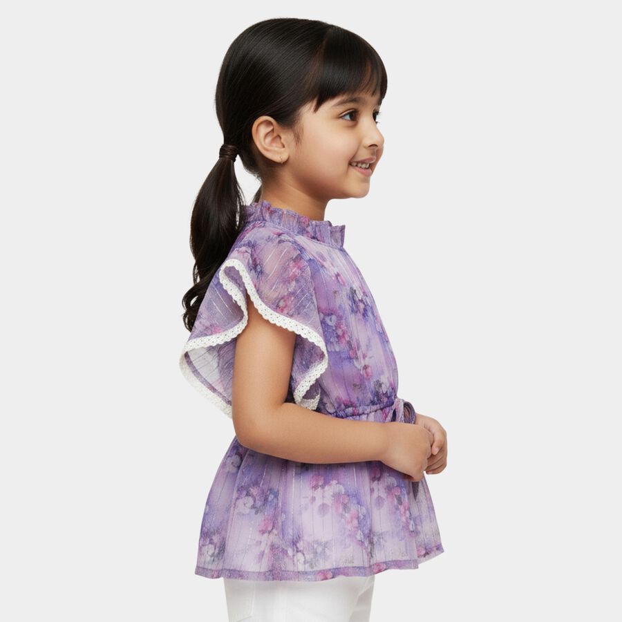 Girls' Purple Ruffle Neck Floral Romantic T-Shirt, Lilac, large