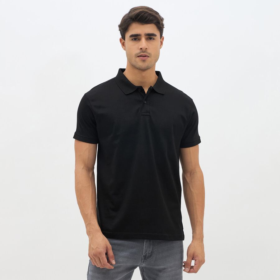 Men's Jet Black Cotton Polo Collar Classic T-Shirt, Black, large