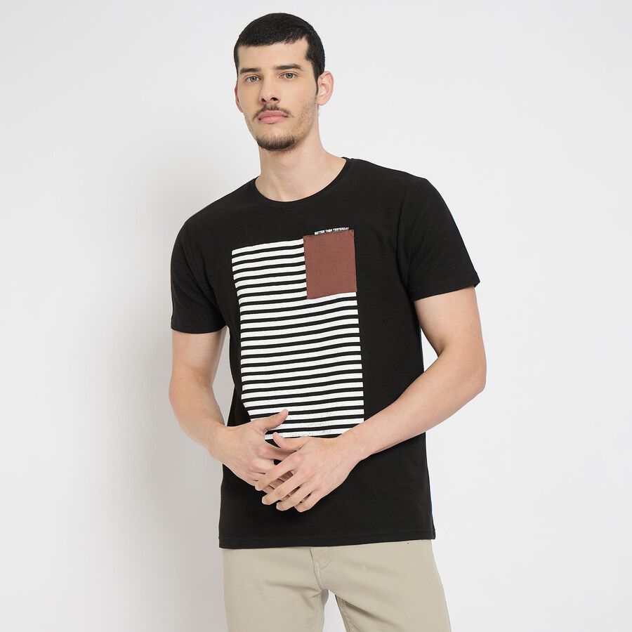 Men's Round Neck Half Sleeves T-Shirt , Black, large