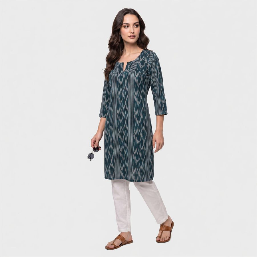 Women's Teal Notch Neck Ikat Printed Kurta, Teal Blue, large