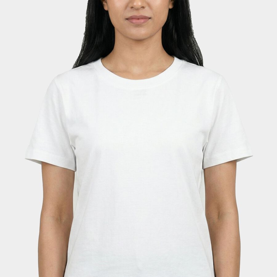 Women's White Cotton Round Neck Casual T-Shirt, White, large