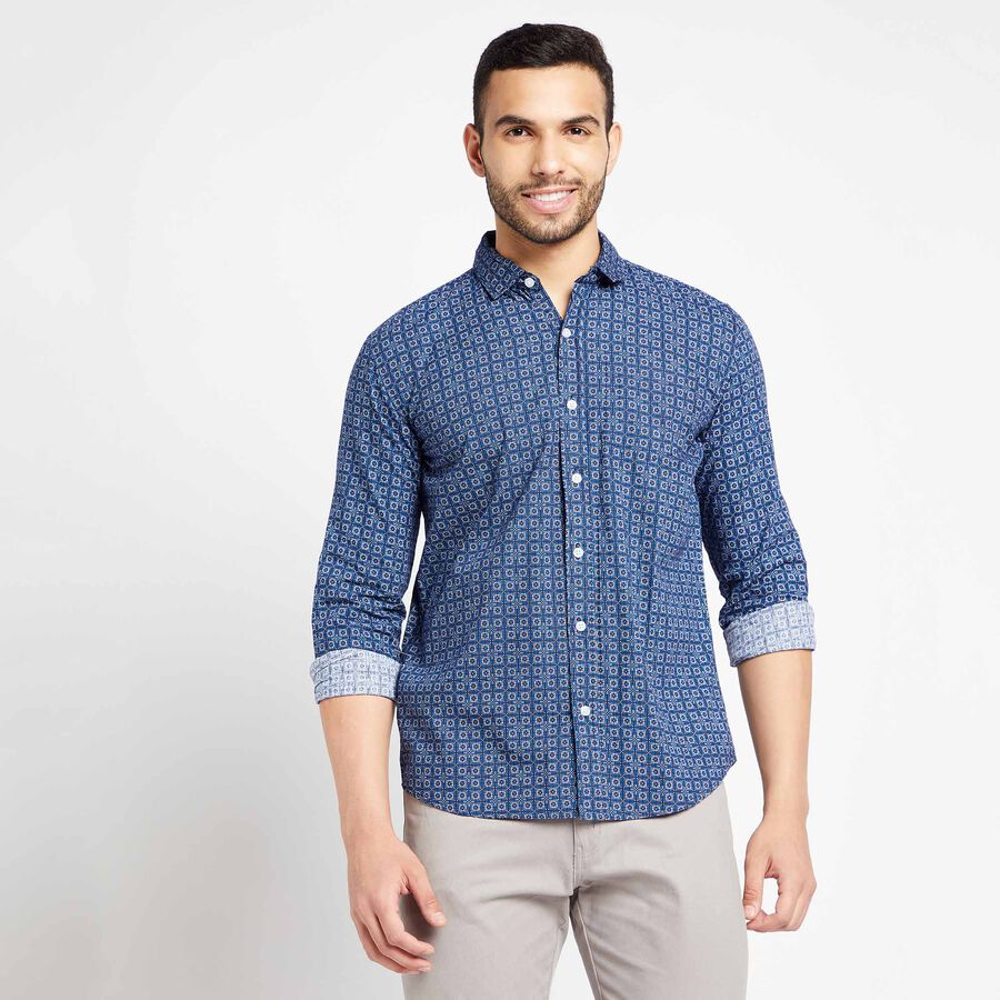 Cotton Printed Casual Shirt, Navy Blue, large image number null
