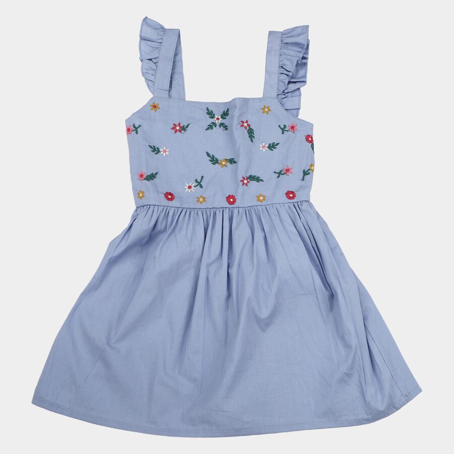 Girls' Light Blue Fit and Flare Floral Embroidered Frock, हल्का नीला, large