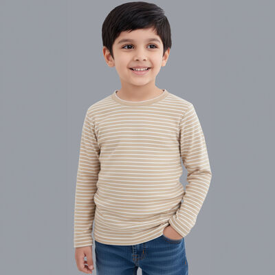 Boys Beige Cotton Blend Round Neck Casual T-Shirt