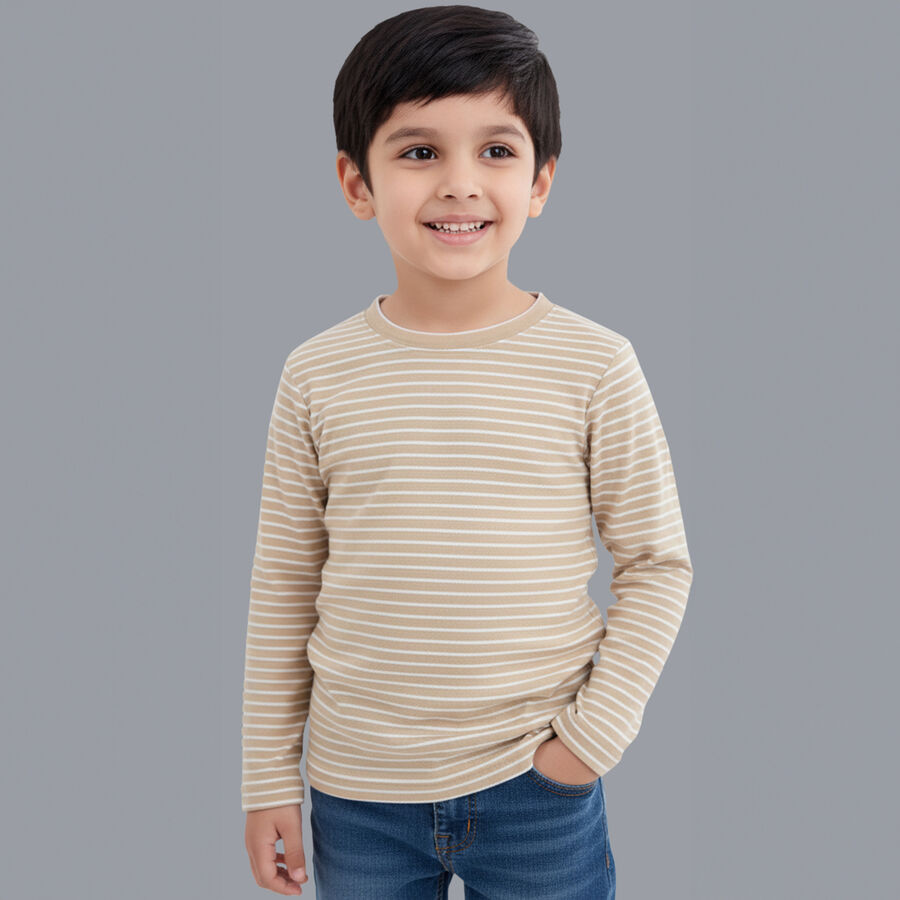 Boys Beige Cotton Blend Round Neck Casual T-Shirt, भूरा, large image number null