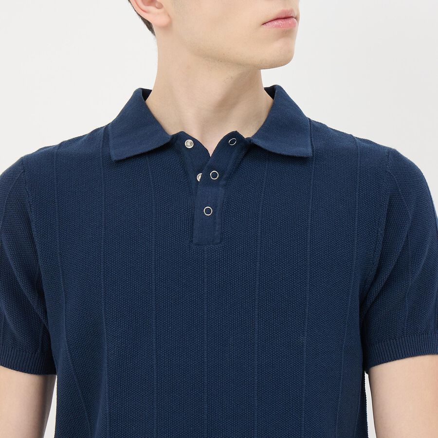 Men's Midnight Blue Cotton Polo Collar Casual T-Shirt, मध्यम नीला, large