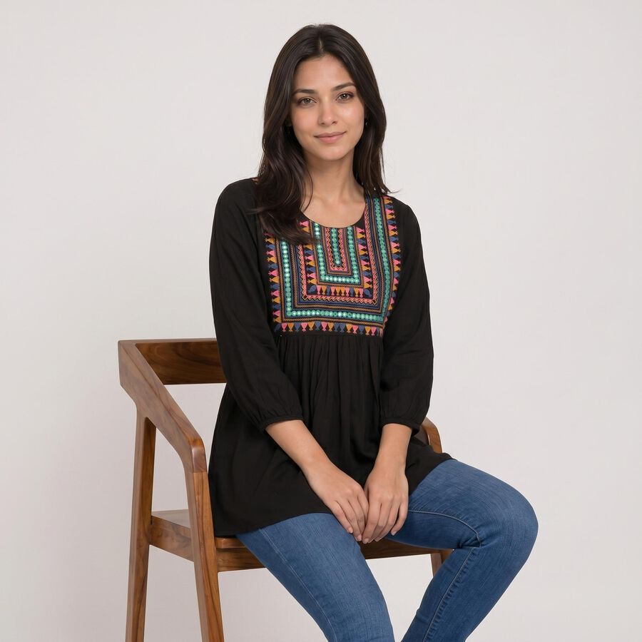 Women's Black Round Neck Embroidered Kurti, Black, large