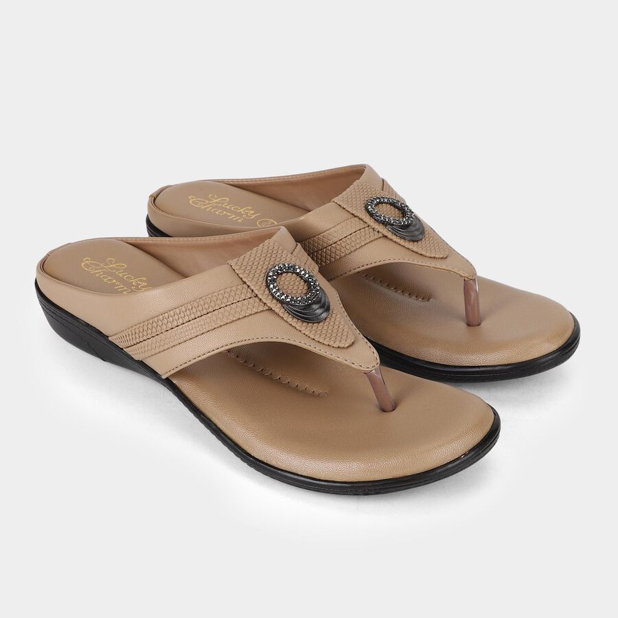 Women's Beige Embellished Thong Sandals, Beige, large