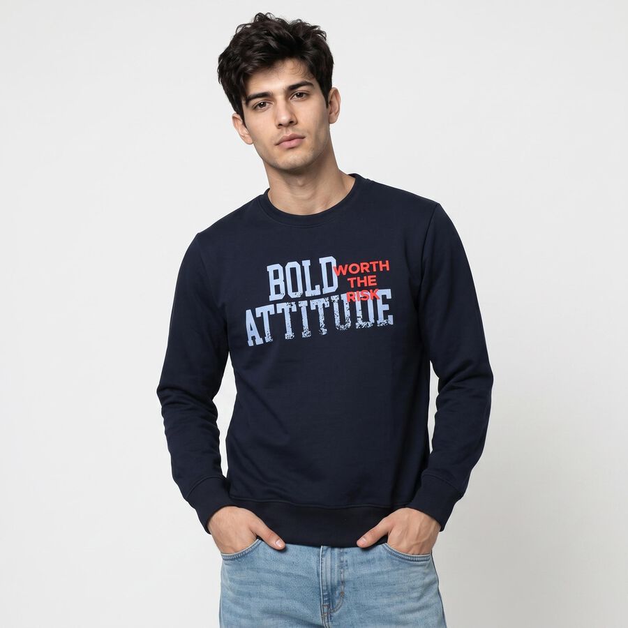 Men's Navy Blue Crew Neck Printed Sweatshirt, Navy Blue, large