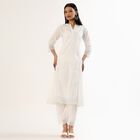 Women's White Cotton Notch Neck Self Design Kurta, Off White, small