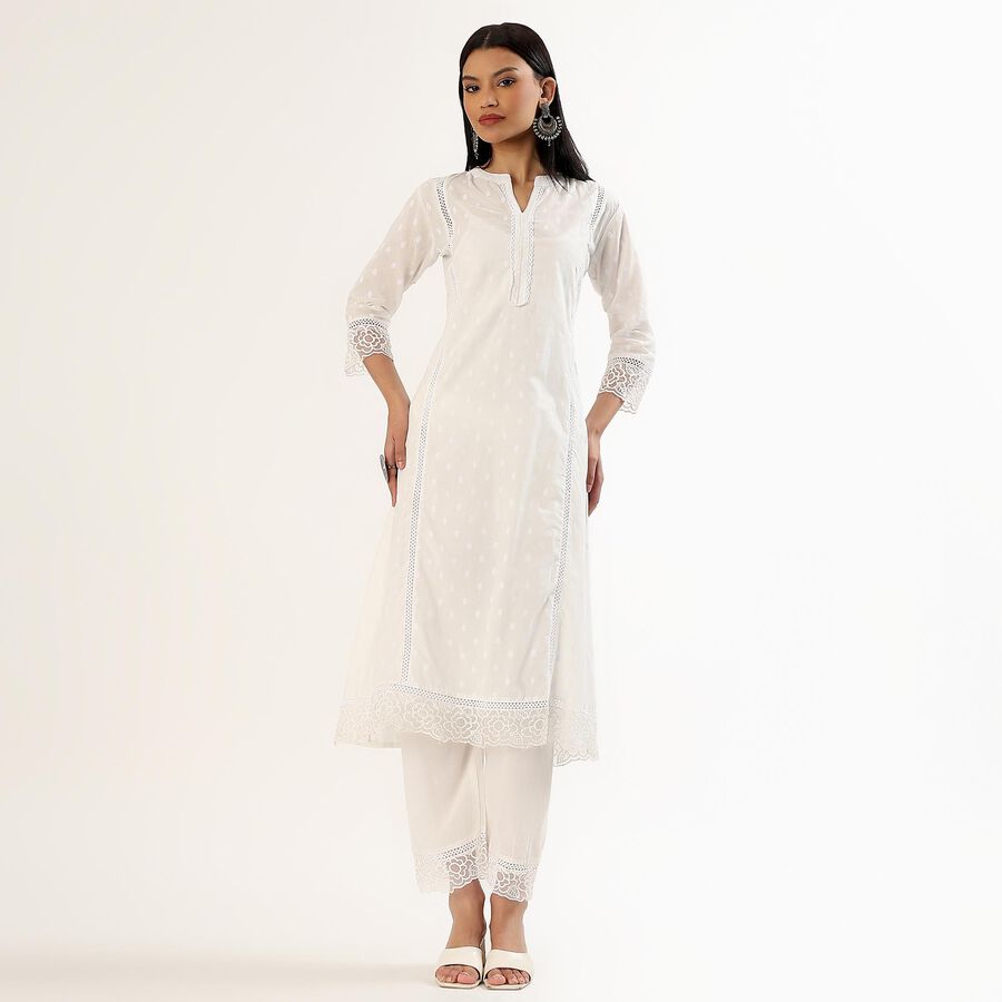 Women's White Cotton Notch Neck Self Design Kurta, Off White, large
