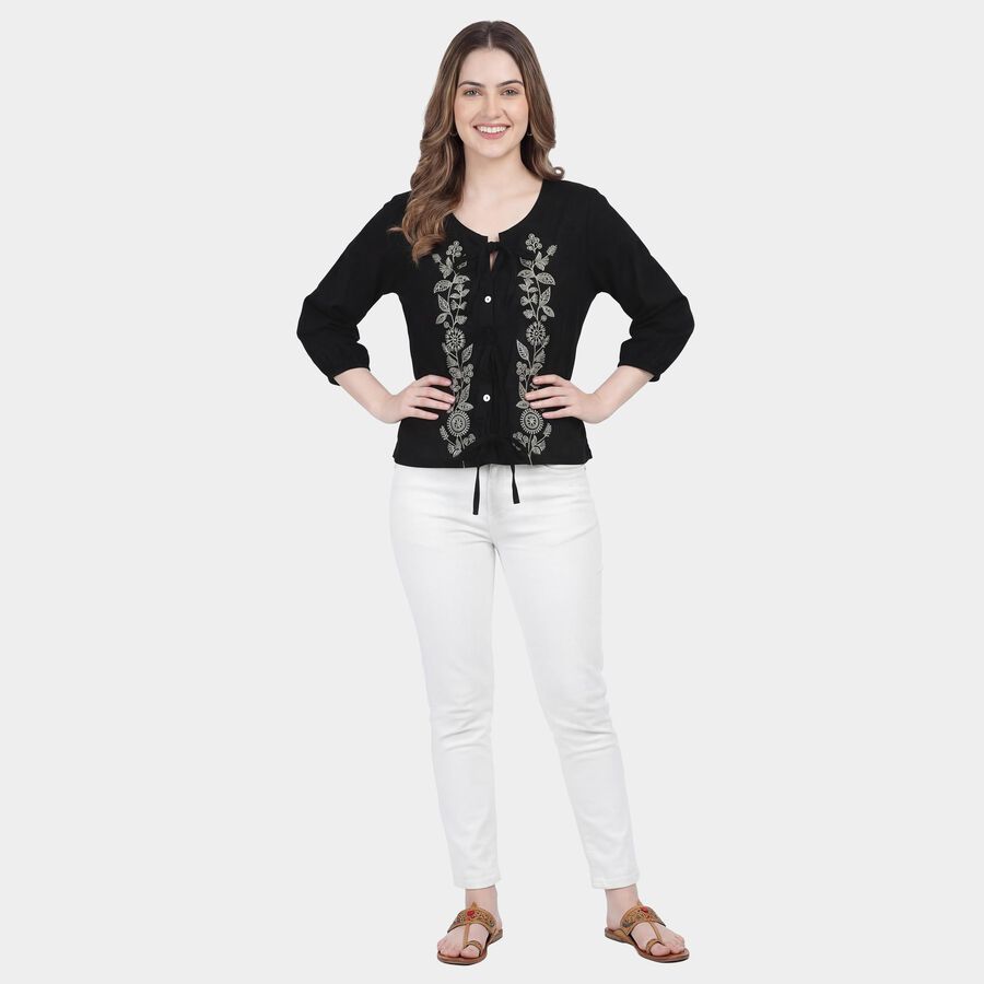 Women's Black 100% Cotton Notch Neck Printed Kurti, Black, large