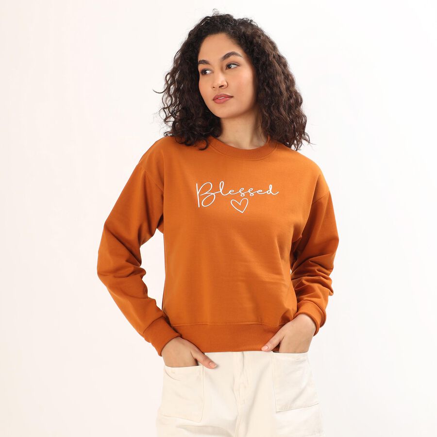 Women's Rust Orange Crew Neck Casual Sweatshirt, Mustard, large image number null
