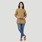Women's Mustard Mandarin Collar Printed Straight Kurti, Mustard, small