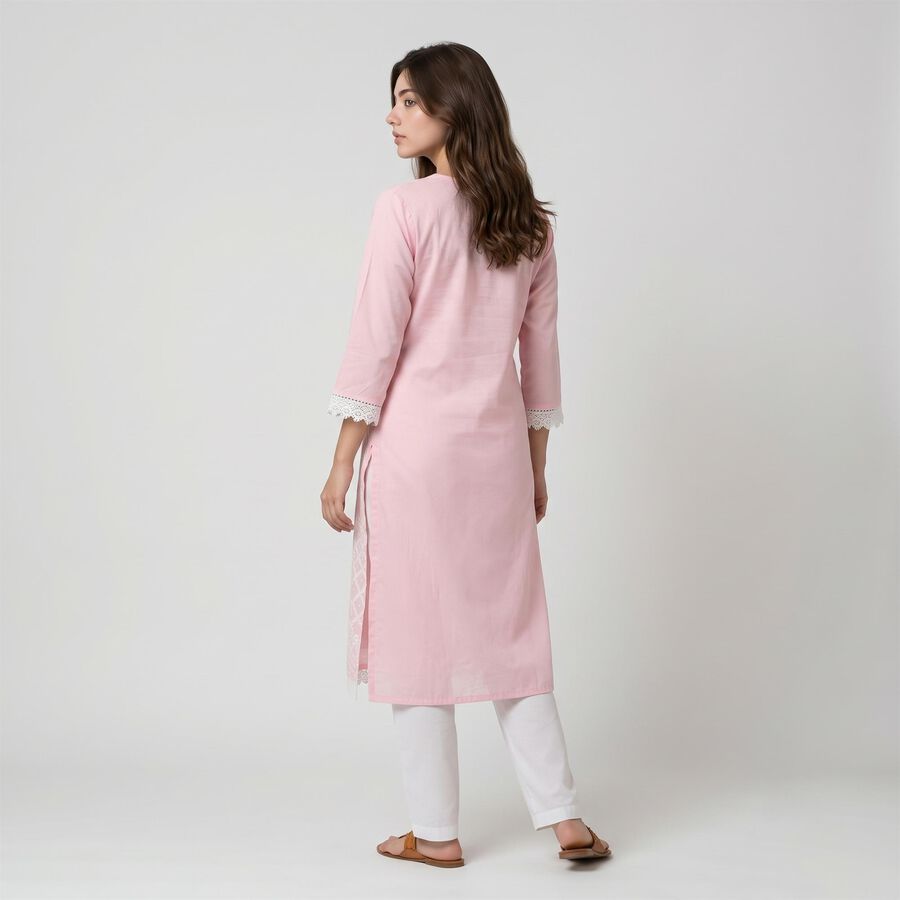 Women's Pink Cotton V-Neck Printed Kurta, हल्का गुलाबी, large