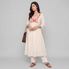 Women's Off White Cotton V-Neck Embroidered Kurta, ऑफ व्हाइट, small