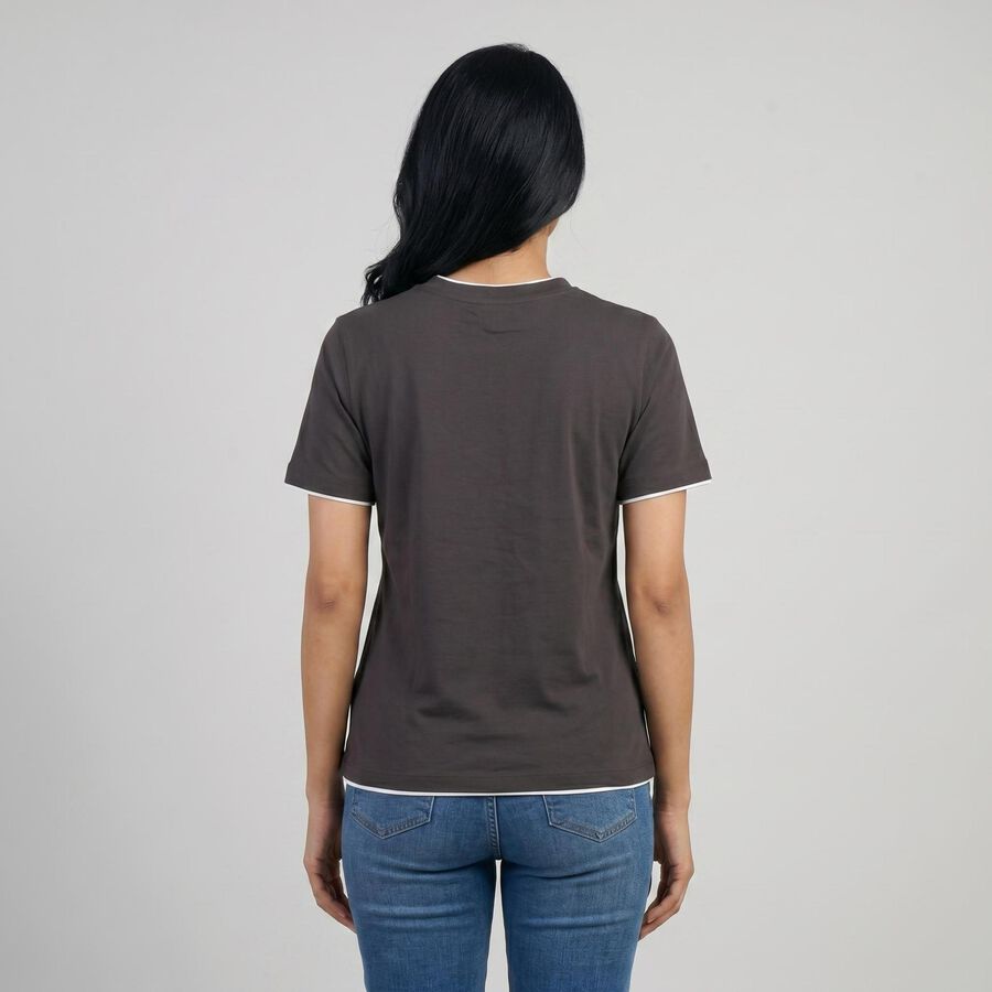 Women's Grey Round Neck Casual T-Shirt, Dark Grey, large