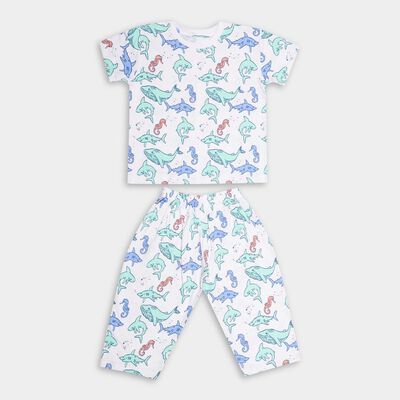 Boys White Cotton Round Neck Printed Night Suit