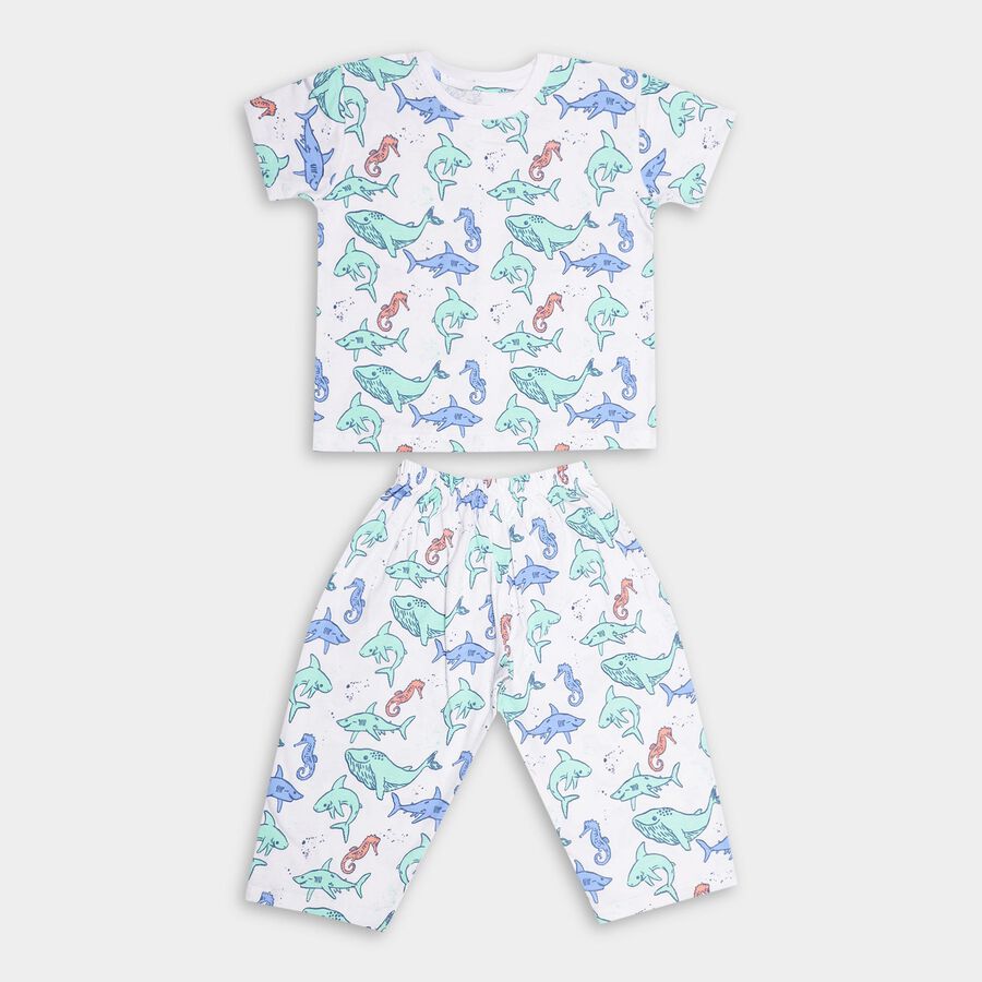 Boys White Cotton Round Neck Printed Night Suit, सफ़ेद, large image number null