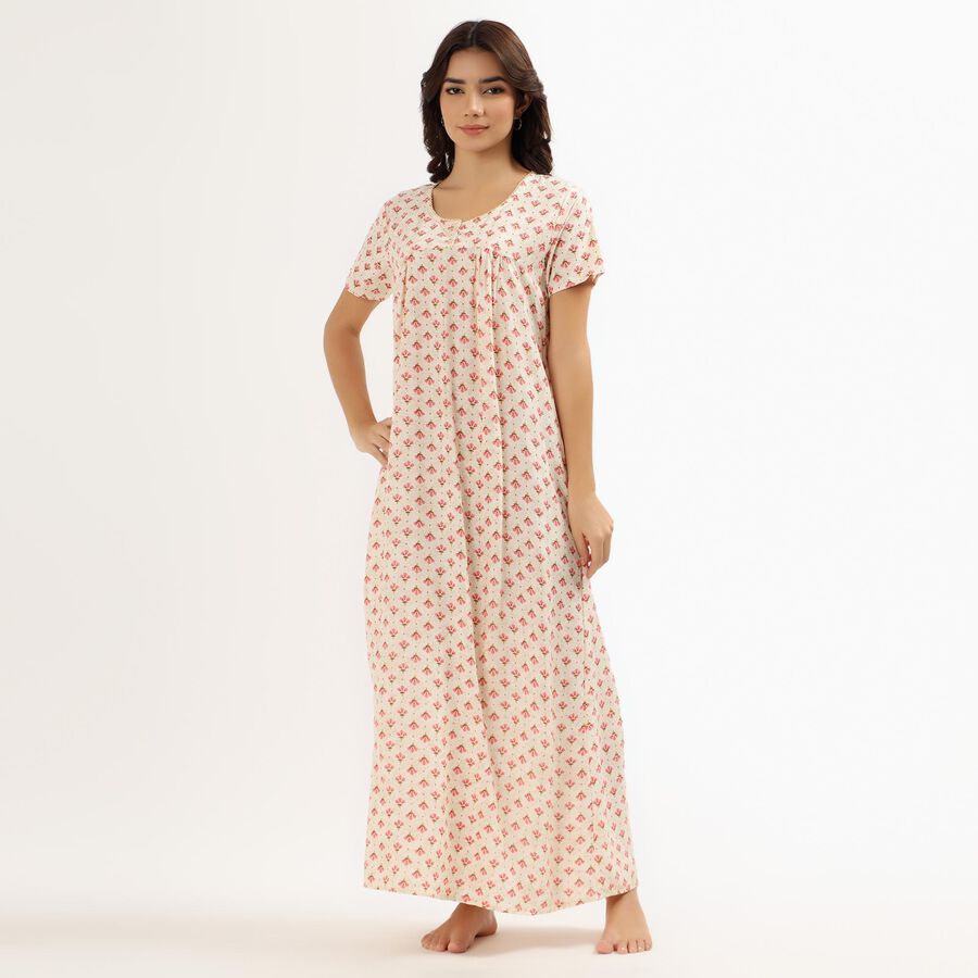 Women's Off-White Round Neck Casual Nighty, Beige, large image number null