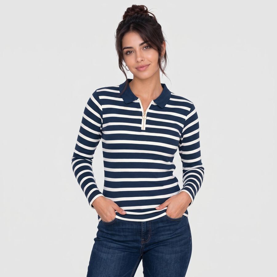 Women's Navy Blue Polo Neck Striped Regular Top, Navy Blue, large