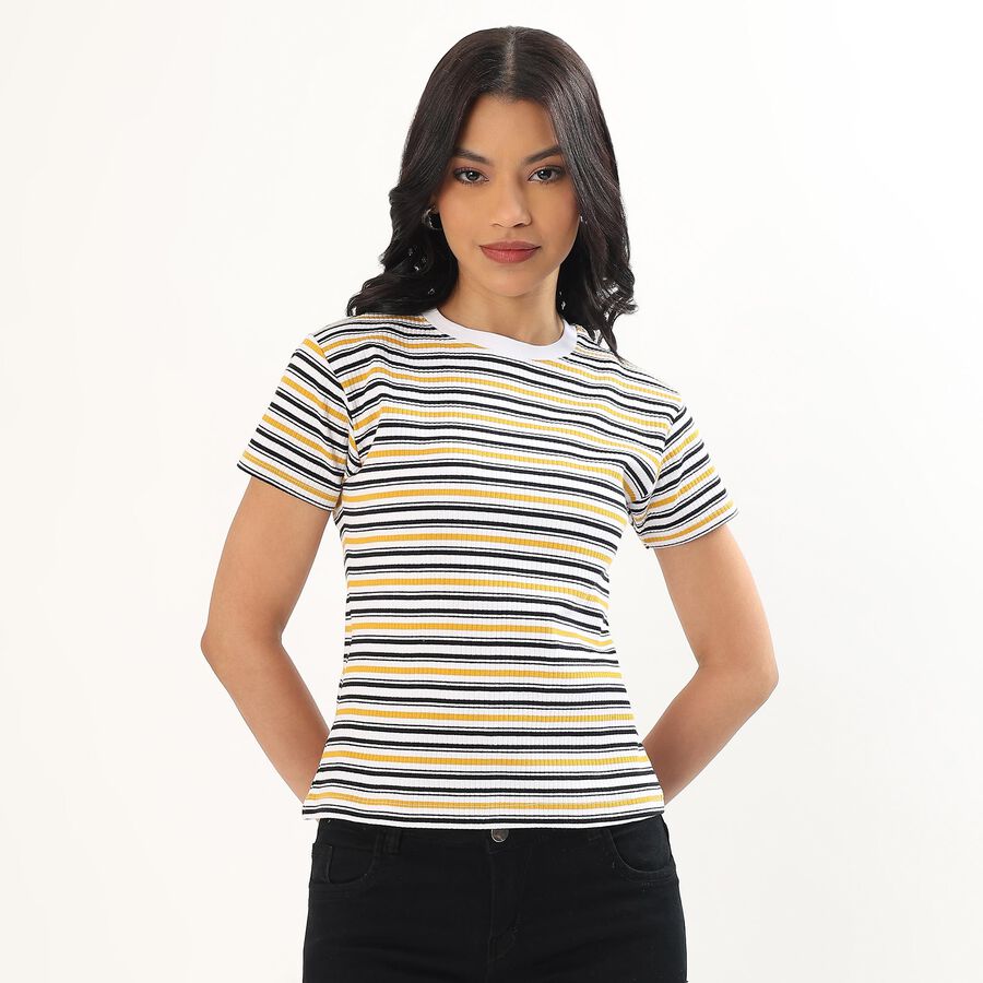 Women's Yellow and Black Round Neck Casual T-Shirt, मस्टर्ड, large