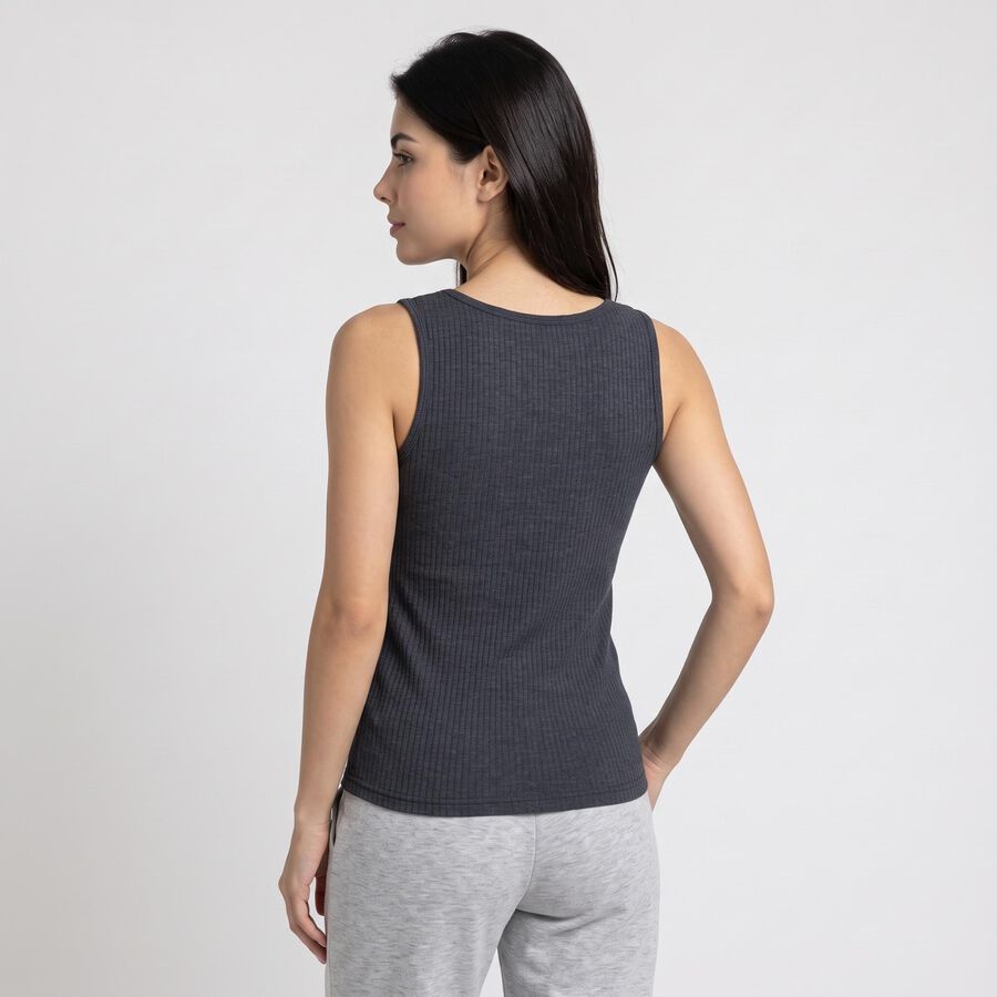 Women's Navy Blue Sleeveless Ribbed Thermal, मध्यम नीला, large