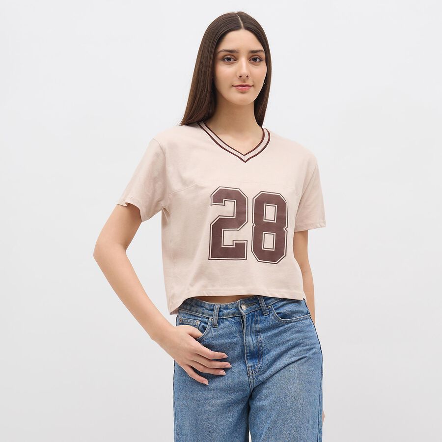 Women's Light Beige Cotton V-Neck Casual Crop T-Shirt, Beige, large