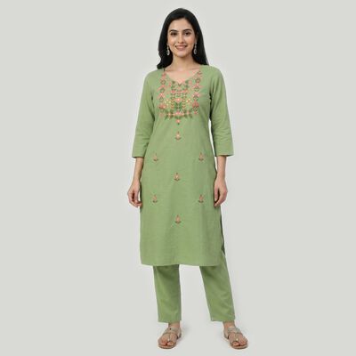 Women's Green Cotton Embroidered Ethnic Set