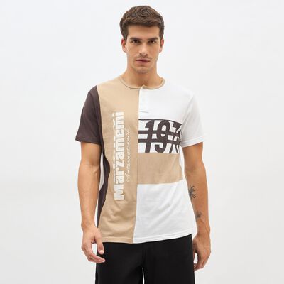 Men's Beige and White Henley Neck Printed T-Shirt