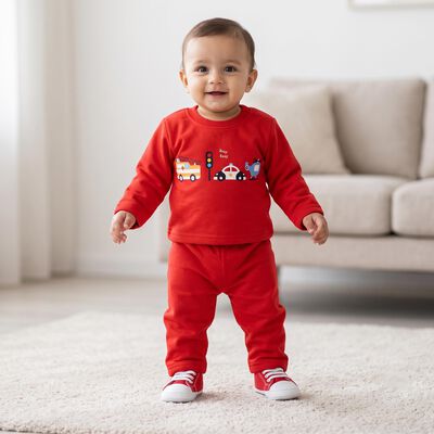 Infants' Red Round Neck Graphic Baba Suit