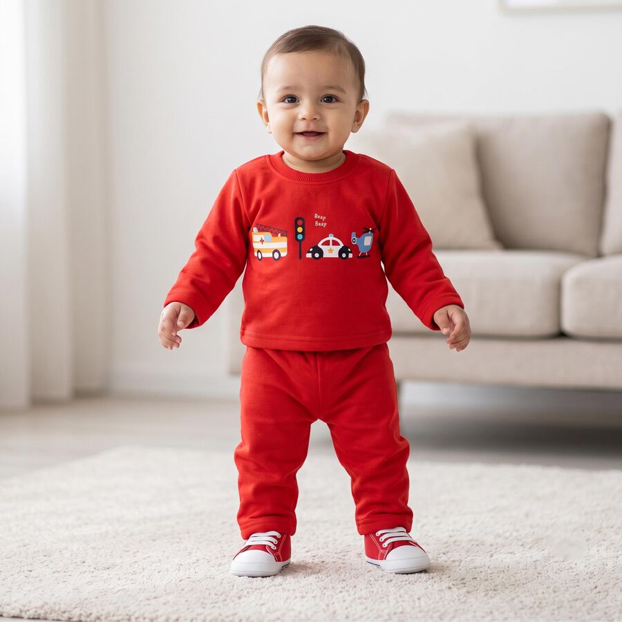 Infants' Red Round Neck Graphic Baba Suit, Red, large