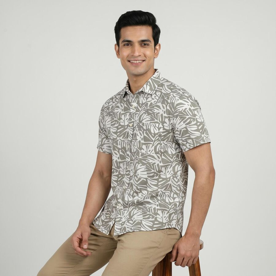 Men's Charcoal Cotton Short Sleeves Spread Collar Regular Fit Casual Shirt, चारकोल, large