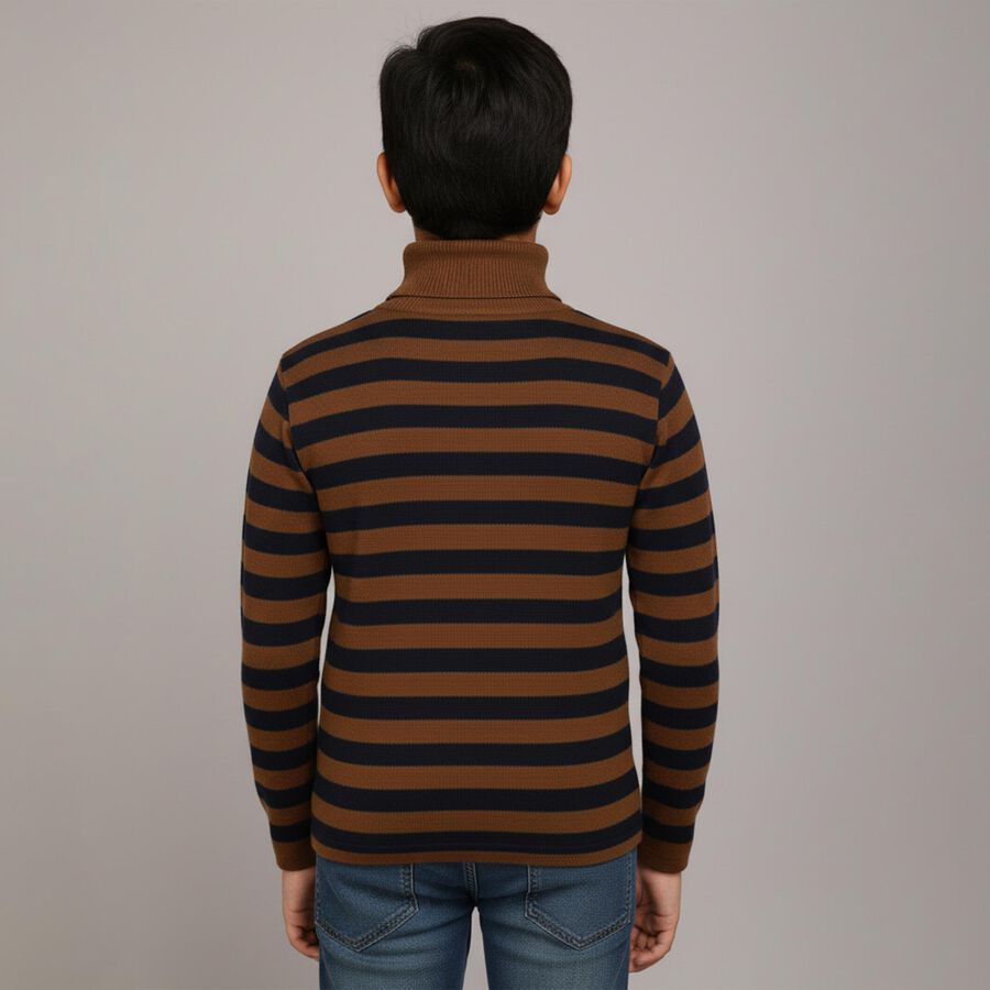 Boys Dark Brown and Navy Blue Turtleneck Casual Pullover, Brown, large image number null