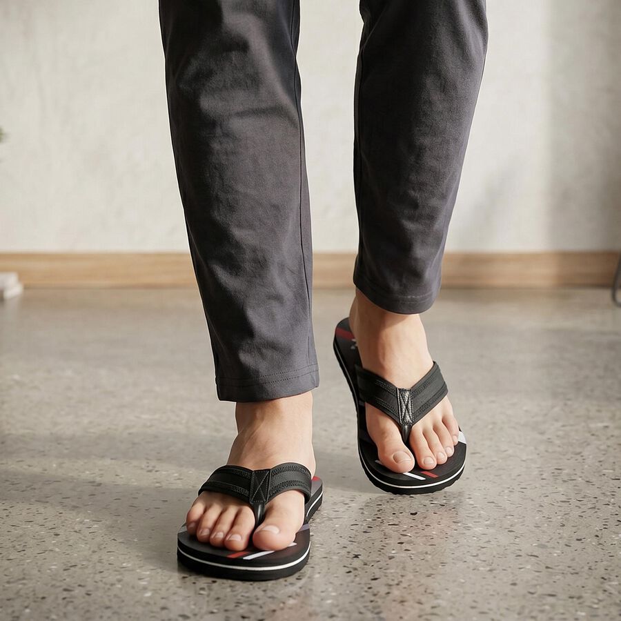 Men's Black Printed Flip-Flop Slippers, Black, large