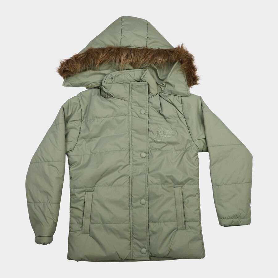 Girls' Sage Green Hooded Puffer Jacket, Light Green, large
