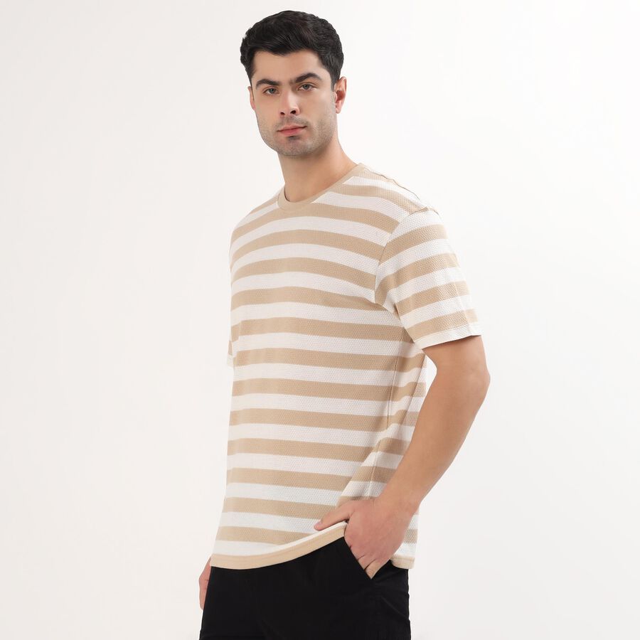 Men's Muted Beige Round Neck Striped T-Shirt, Beige, large
