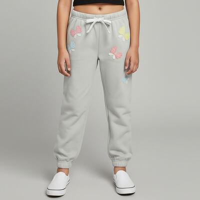 Girls' Light Grey Butterfly Embroidered Elastic Waist Pyjama