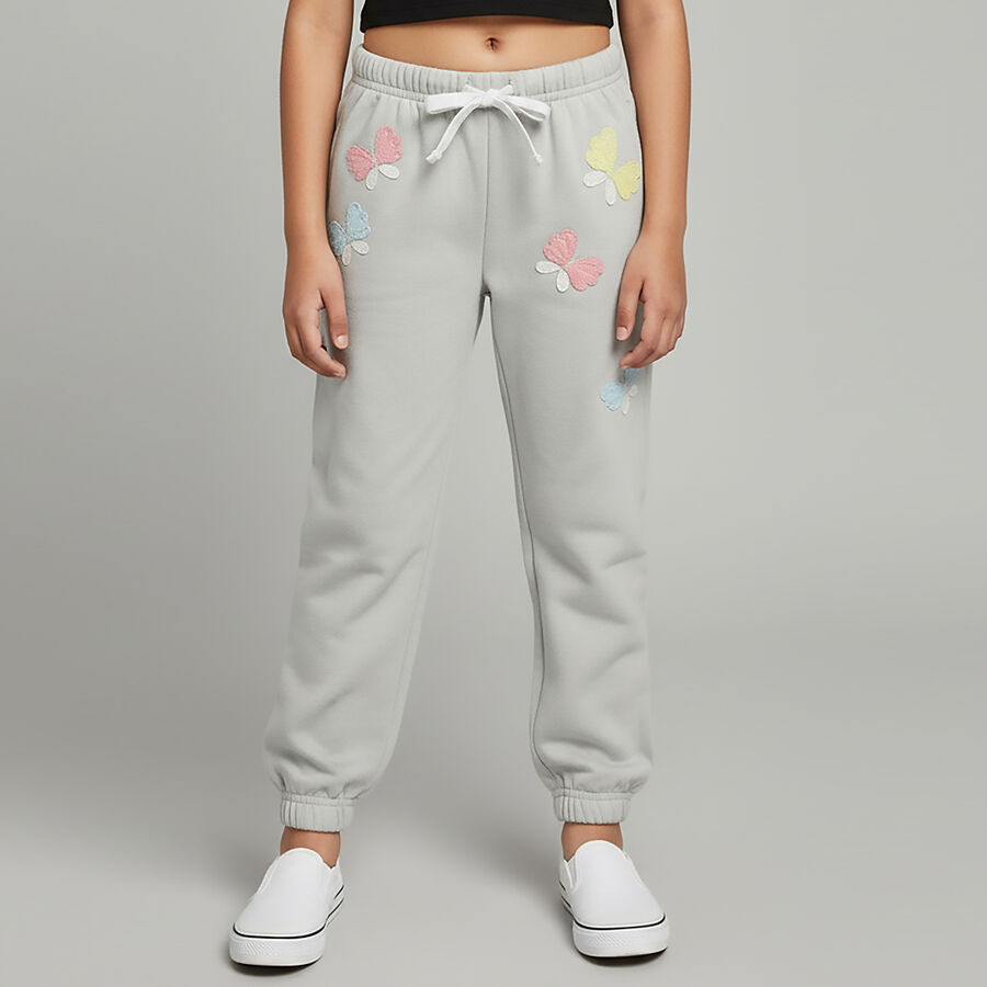 Girls' Light Grey Butterfly Embroidered Elastic Waist Pyjama, हल्का हरा, large image number null
