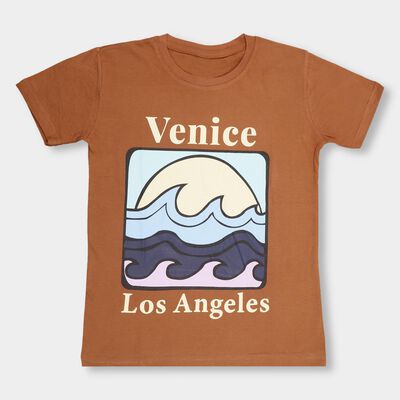 Kids' Warm Terracotta Brown Cotton Round Neck Casual T-Shirt