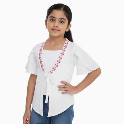 Girls' White Round Neck Casual T-Shirt